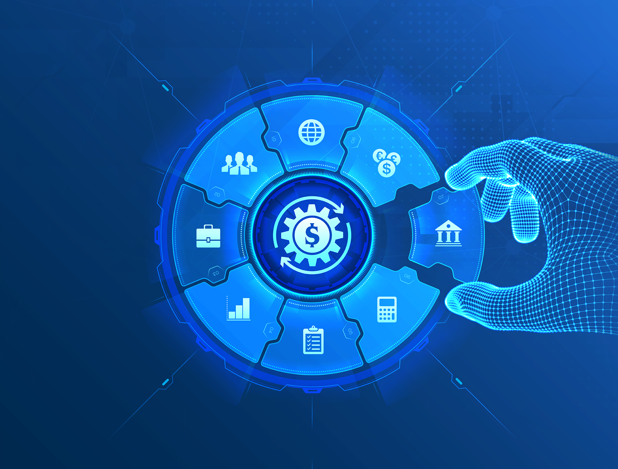 Digital hand interacting with futuristic banking technology interface showing finance, analytics, and customer service icons.
