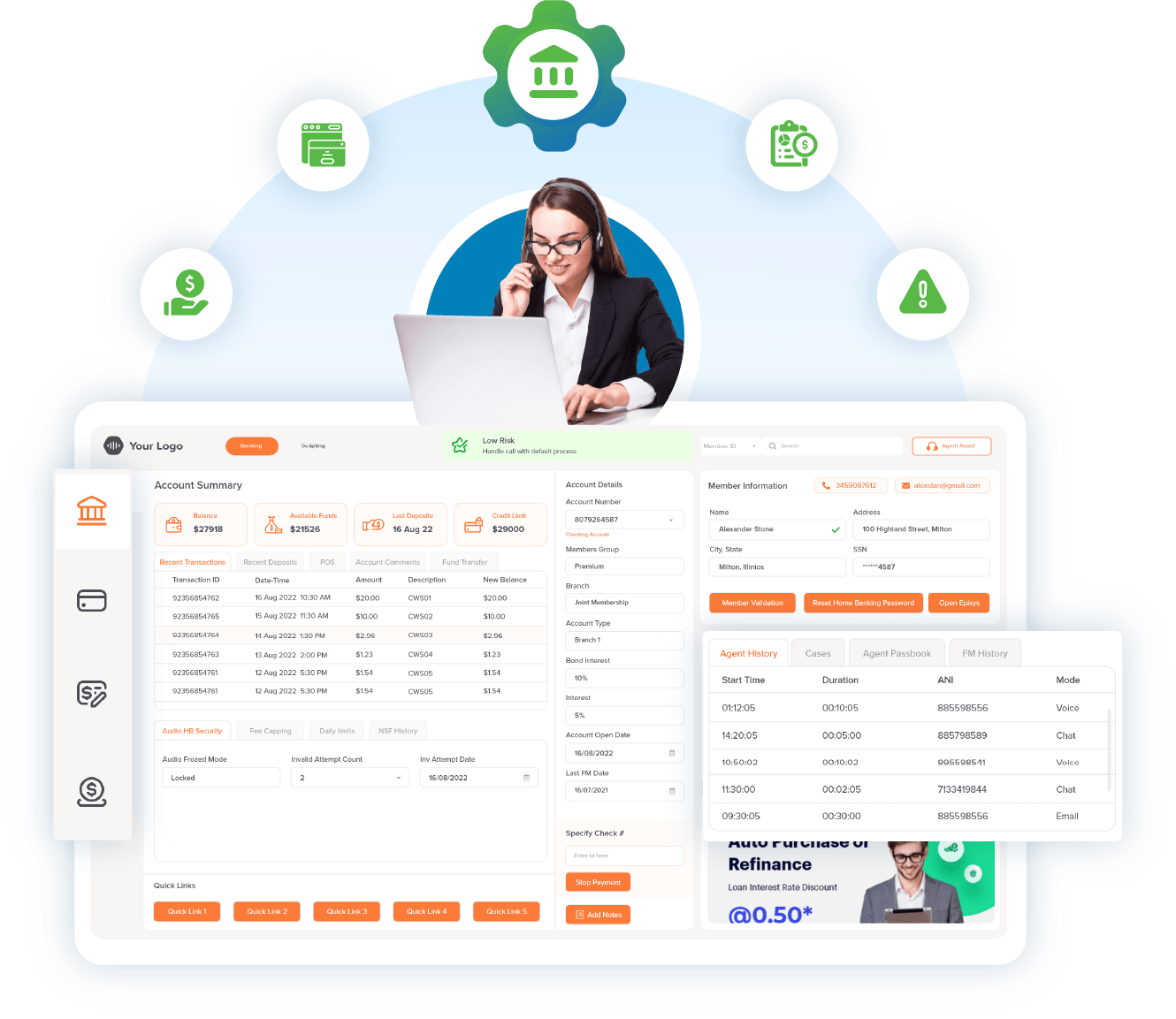Banking contact center CRM integration showing customer profile, account summary, balances, and transaction details
