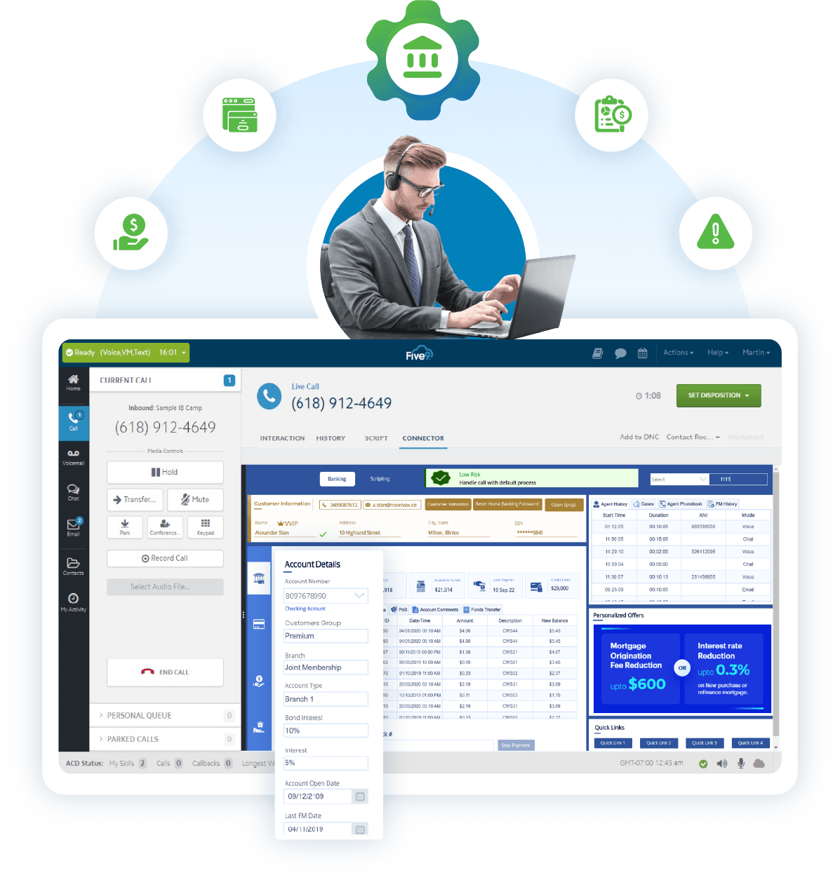 Five9 banking contact center agent desktop showing customer Alexander Stan's checking account details, transaction history, personalized mortgage offers, and agent history during a live inbound call.