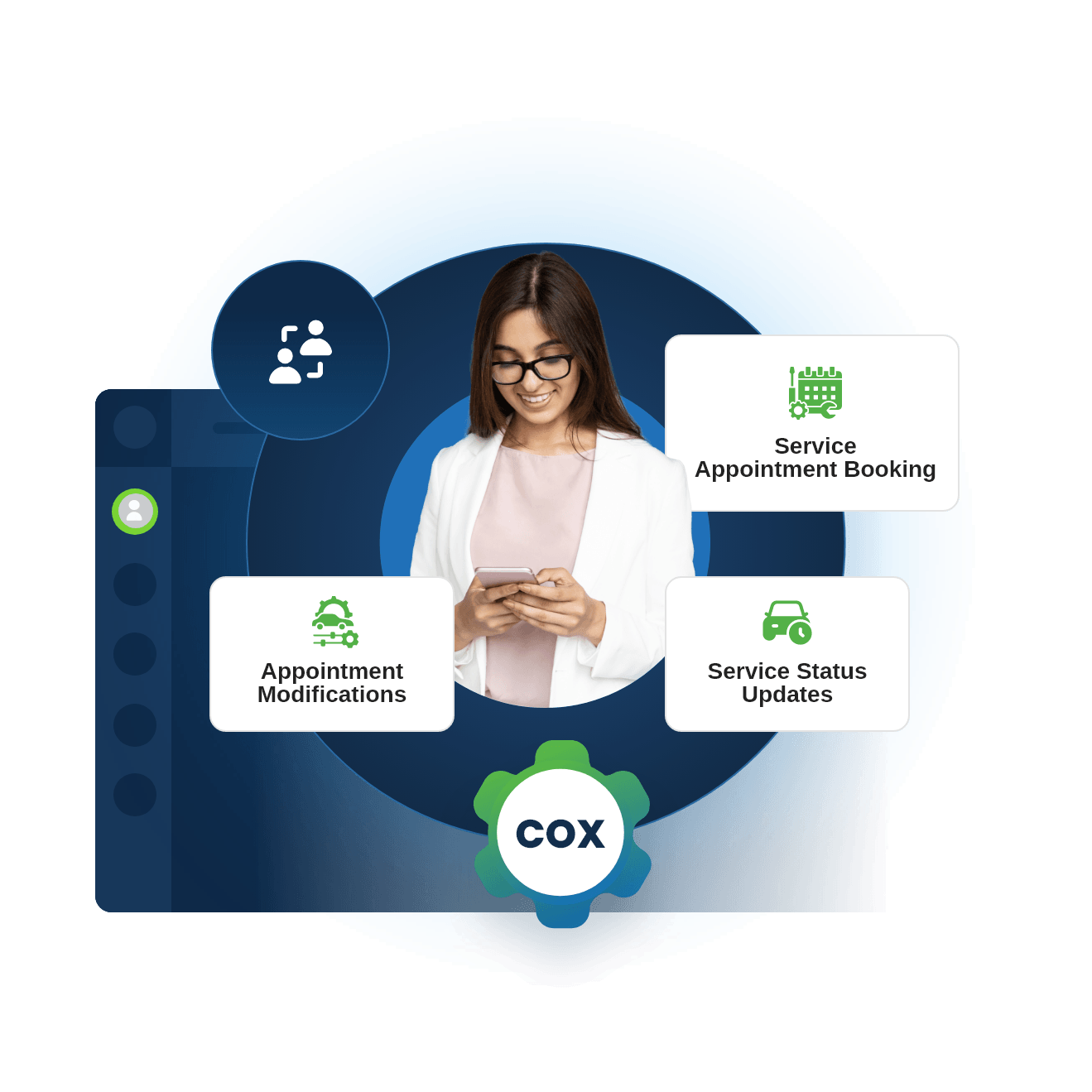Customer using mobile interface for service appointment booking, modifications, and status updates with Cox Automotive