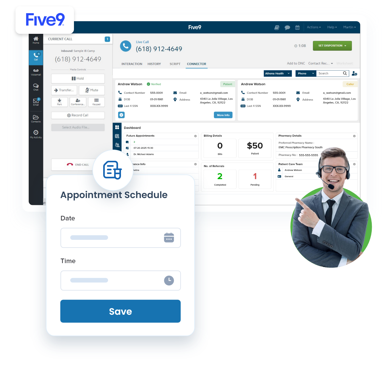 Five9 HIPAA-compliant healthcare contact center with inline appointment scheduling modal, patient 360 dashboard showing billing, referrals, Aetna insurance, pharmacy details, and care team — integrated with Athena Health EHR for efficient healthcare agent workflows.