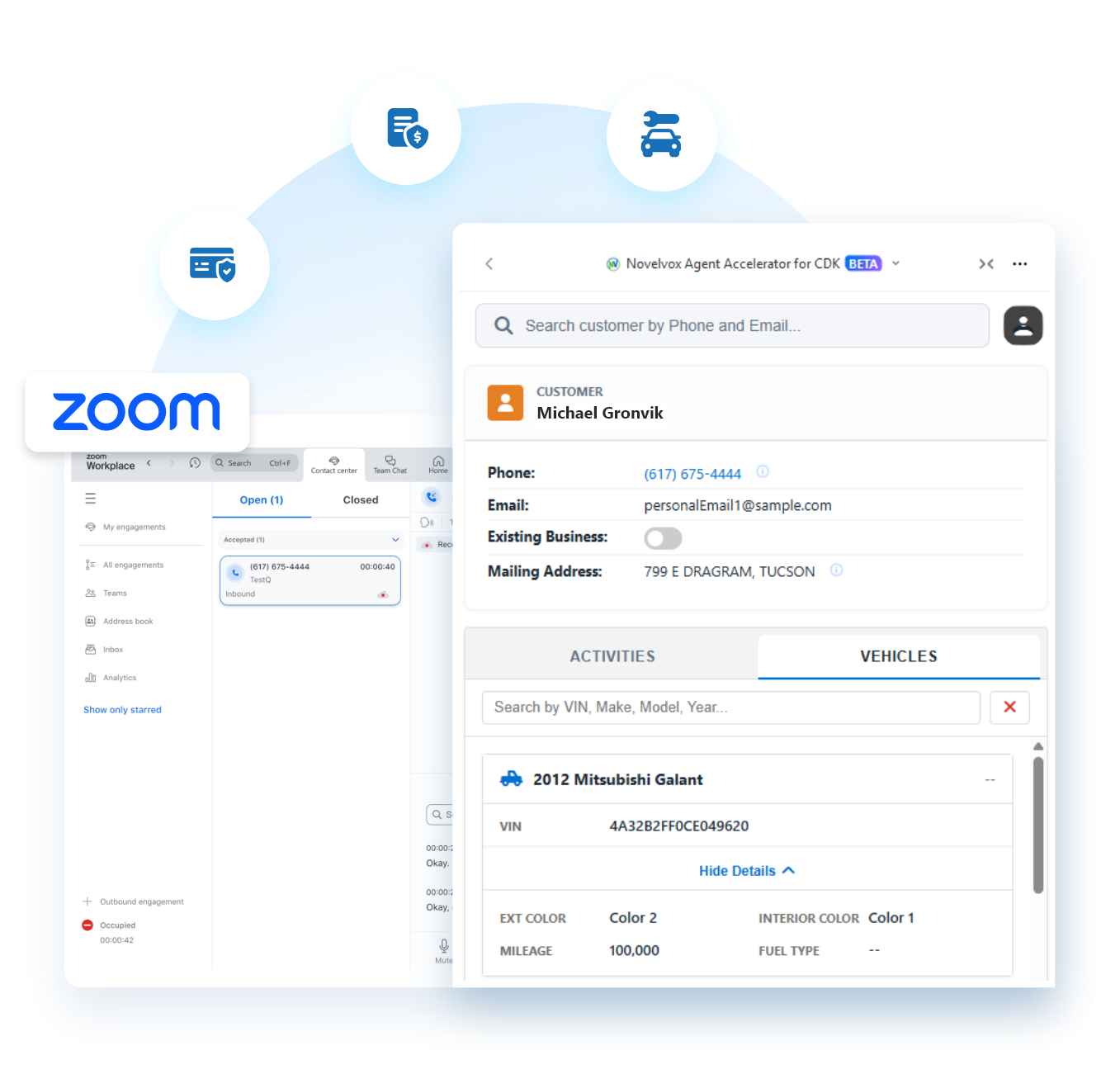 NovelVox Agent Accelerator for CDK inside Zoom shows Customer Information through screen pop-up