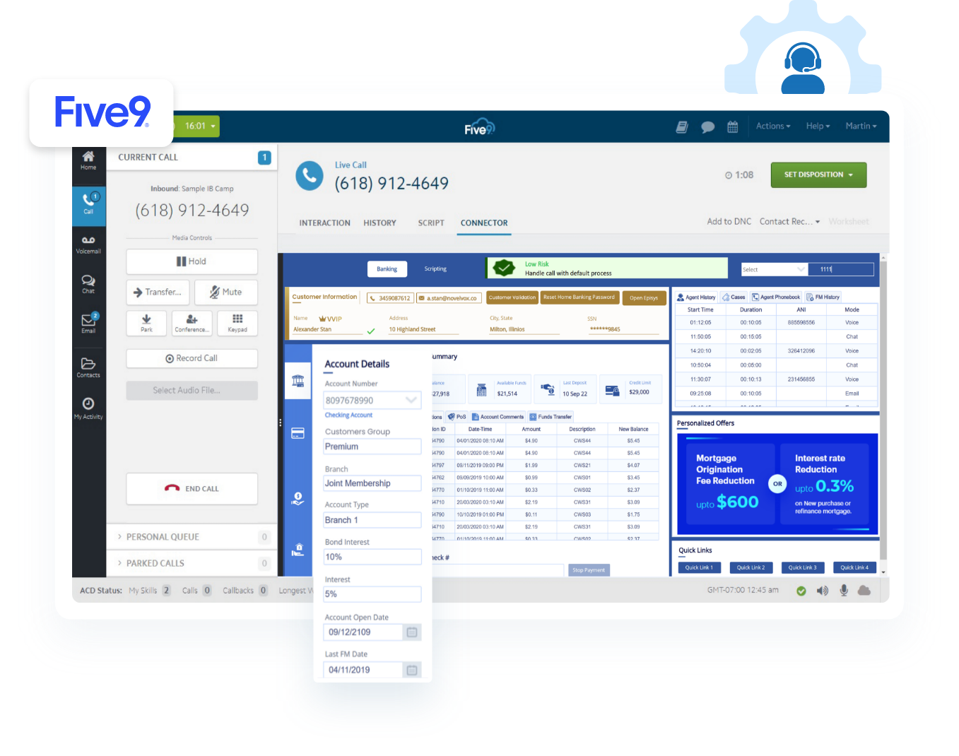 Five9 banking contact center agent desktop with VVIP customer 360 view showing checking account details, CWS transaction history, personalized mortgage and interest rate offers, multichannel agent history, and quick links — designed for financial services contact center teams.