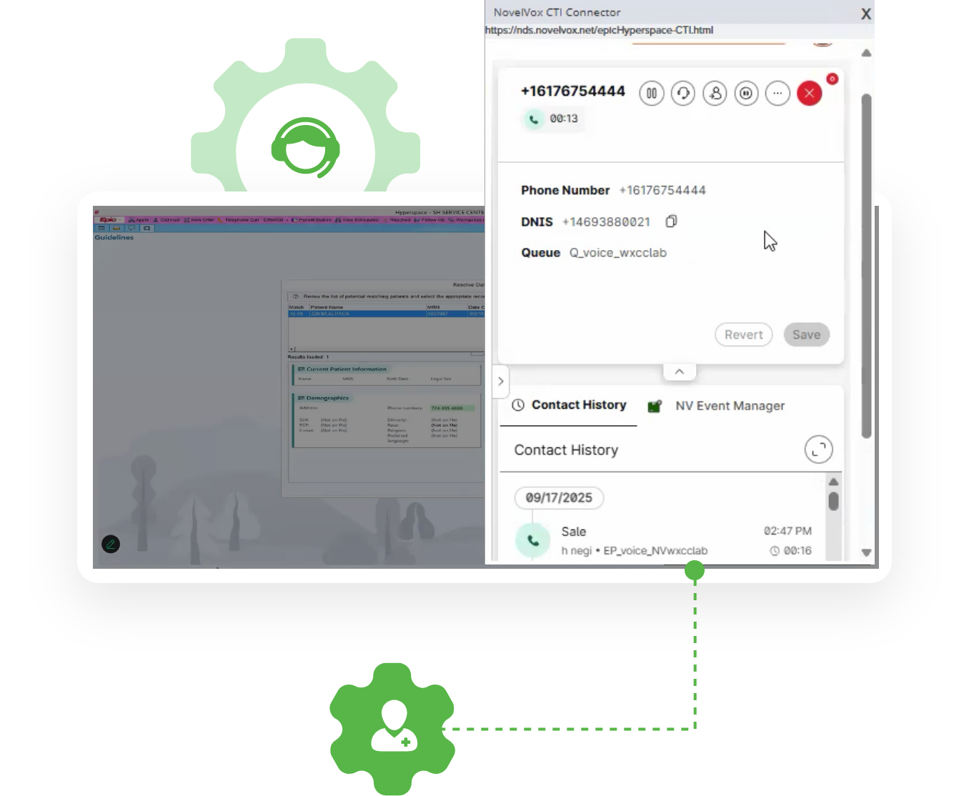 NovelVox CTI Connector interface integrated with Epic Hyperspace, showing call controls and patient contact history.