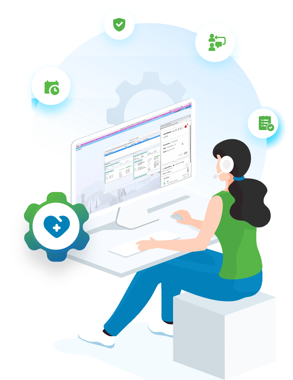 Illustration of a healthcare support agent using a computer dashboard with icons for scheduling, security, and patient records.