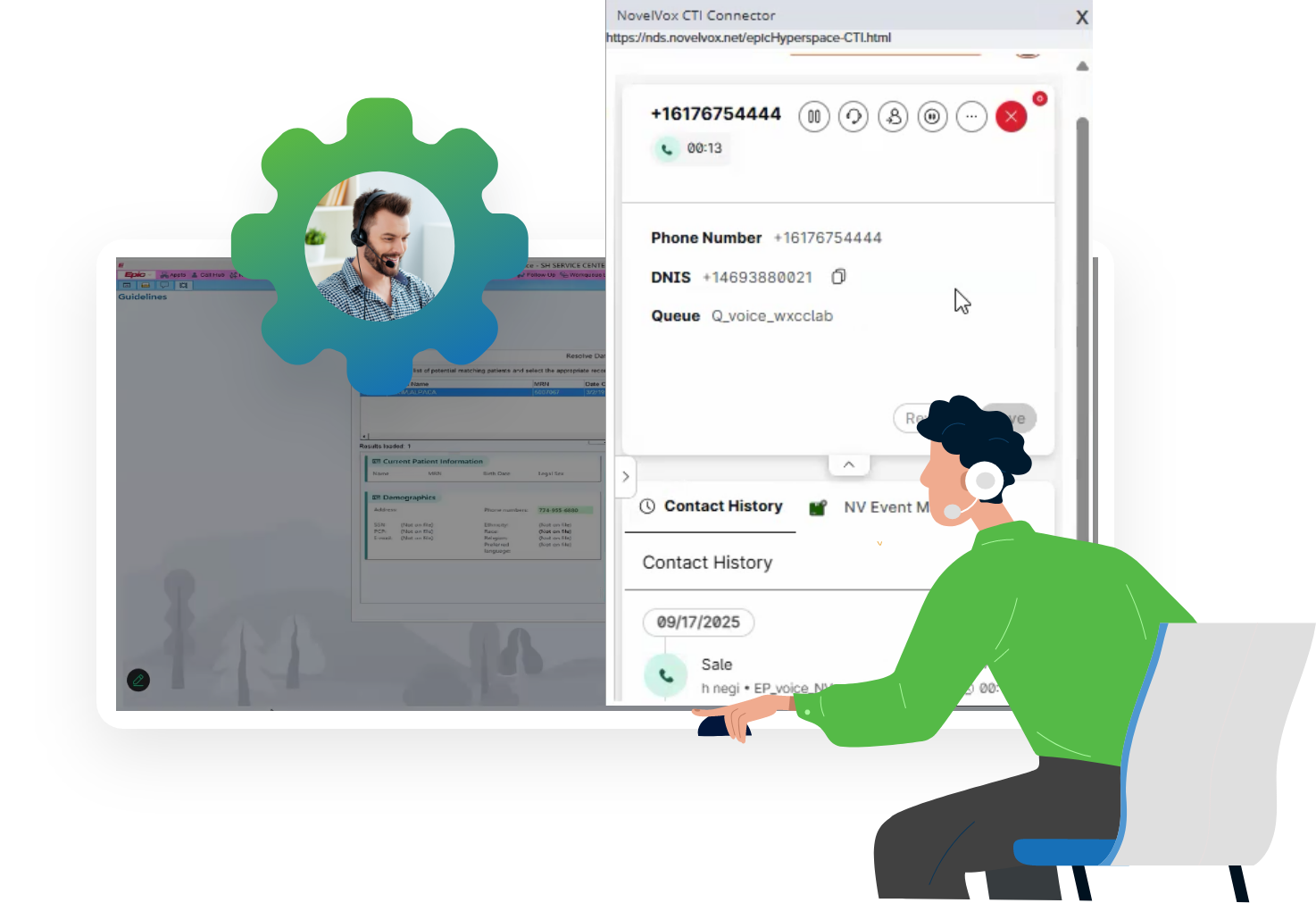 Illustration of a support agent using the NovelVox CTI Connector for Epic, displaying active call details and patient contact history.