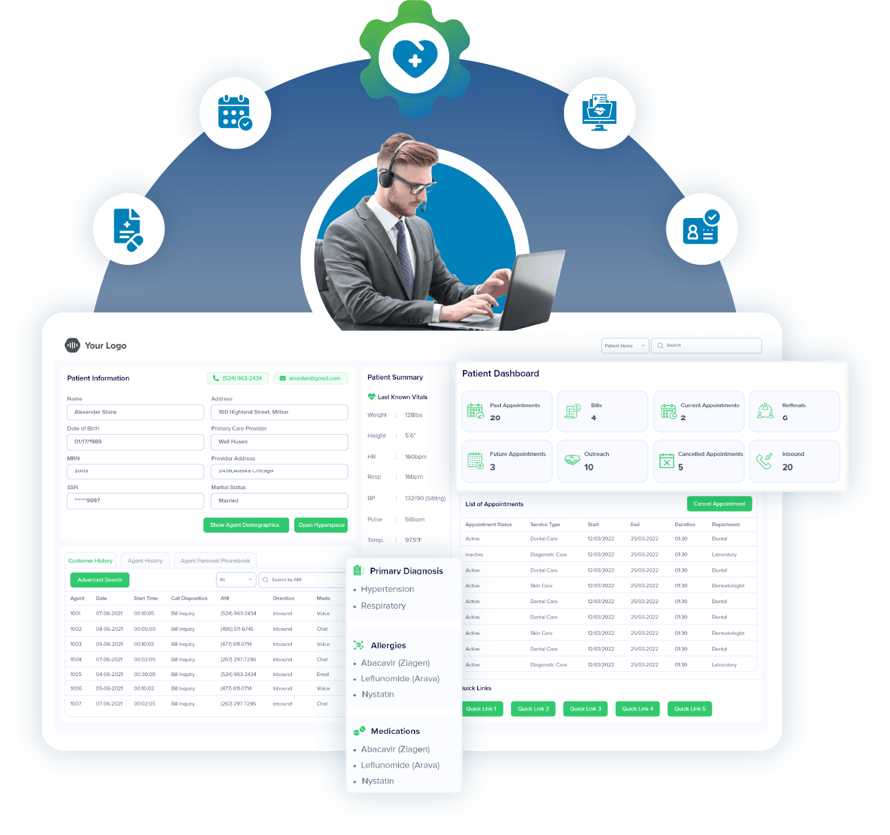 Agent healthcare contact center dashboard showing patient information, appointments, billing, referrals, and pharmacy detail.