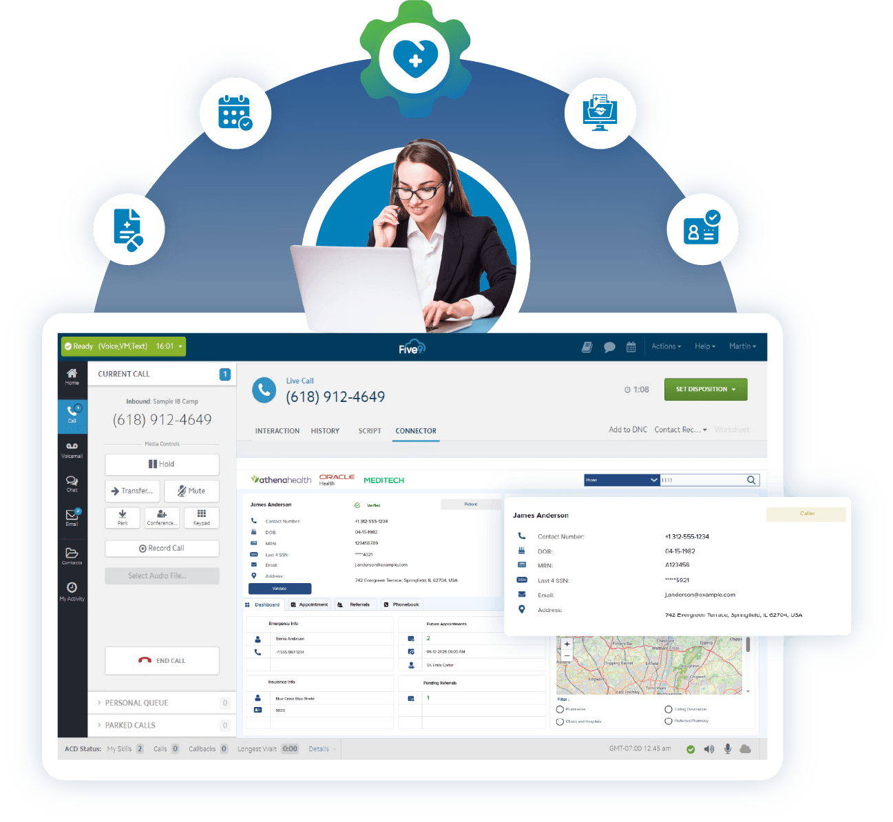 Five9 healthcare contact center agent desktop showing verified patient James Anderson's information, appointments, referrals, and location map during a live inbound call — integrated with Athenahealth, Oracle Health, and Meditech EHR systems.