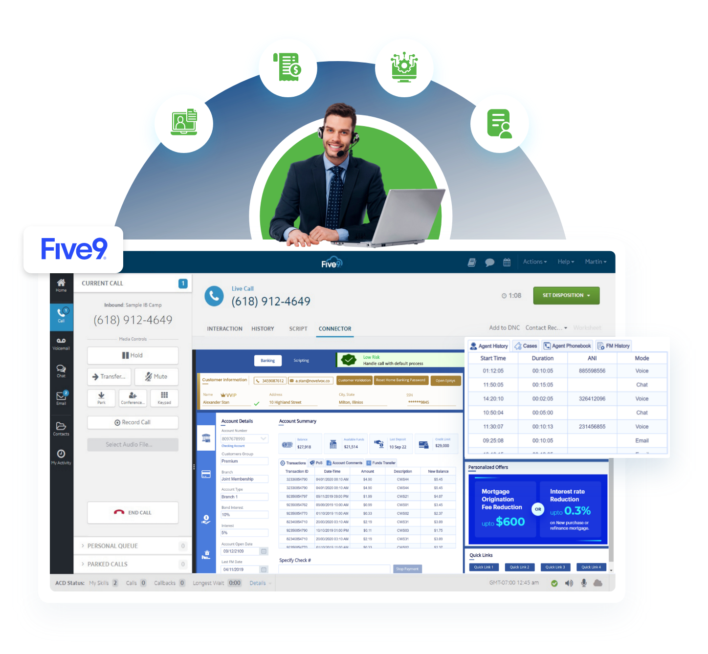 Five9 banking contact center agent desktop with VIP customer 360 view showing checking account summary, transaction history, agent interaction log, and personalized mortgage and interest rate offers — built for financial services contact center teams.