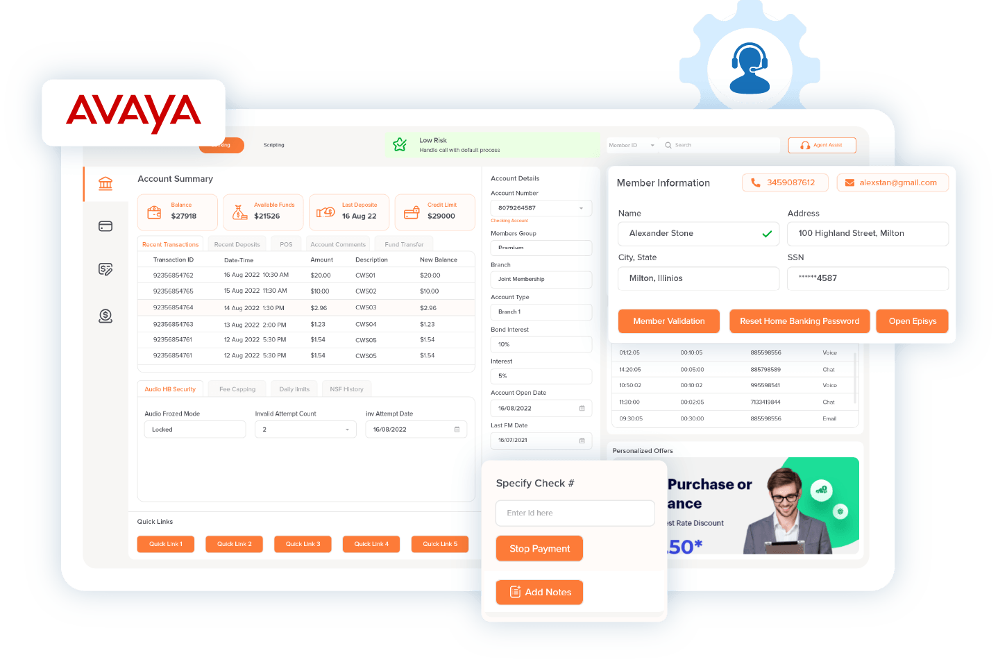 Avaya call center dashboard displaying customer information and banking account details