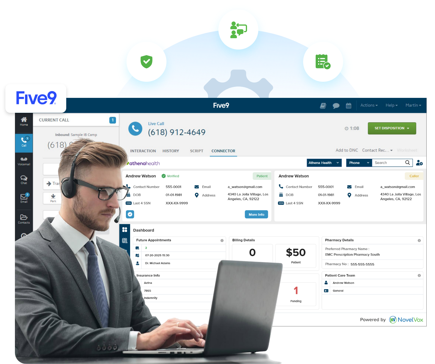 Five9 HIPAA-compliant healthcare contact center powered by Novelvox integrated with Athena Health EHR for seamless agent workflows.