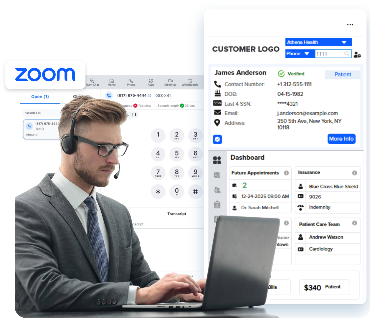 Zoom call screen with patient James Anderson’s info, call timer 41 sec, insurance & appointment details, bill $340
