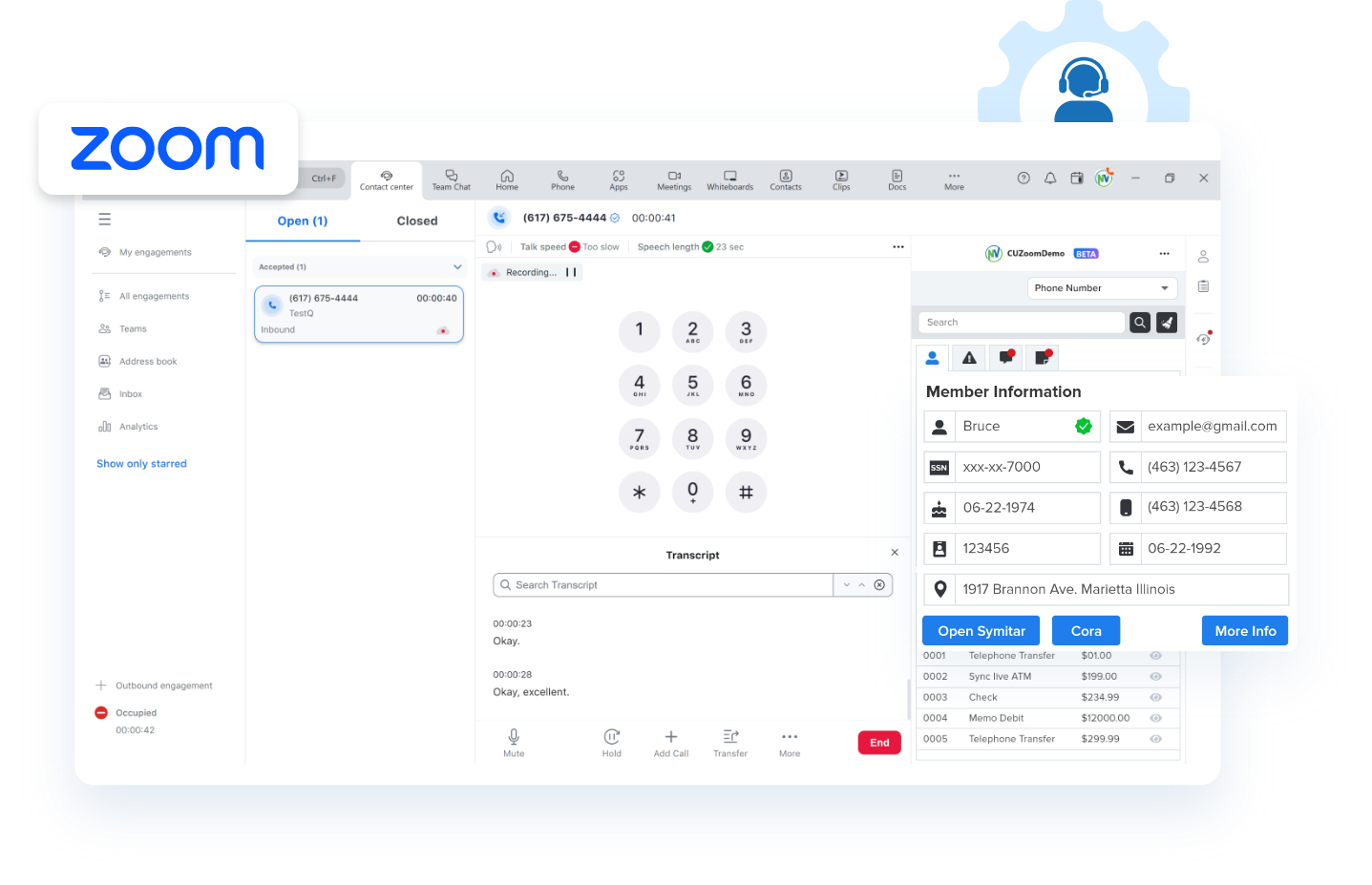 Zoom contact center interface with CCIP integration displaying live call controls, transcript, and unified customer information panel