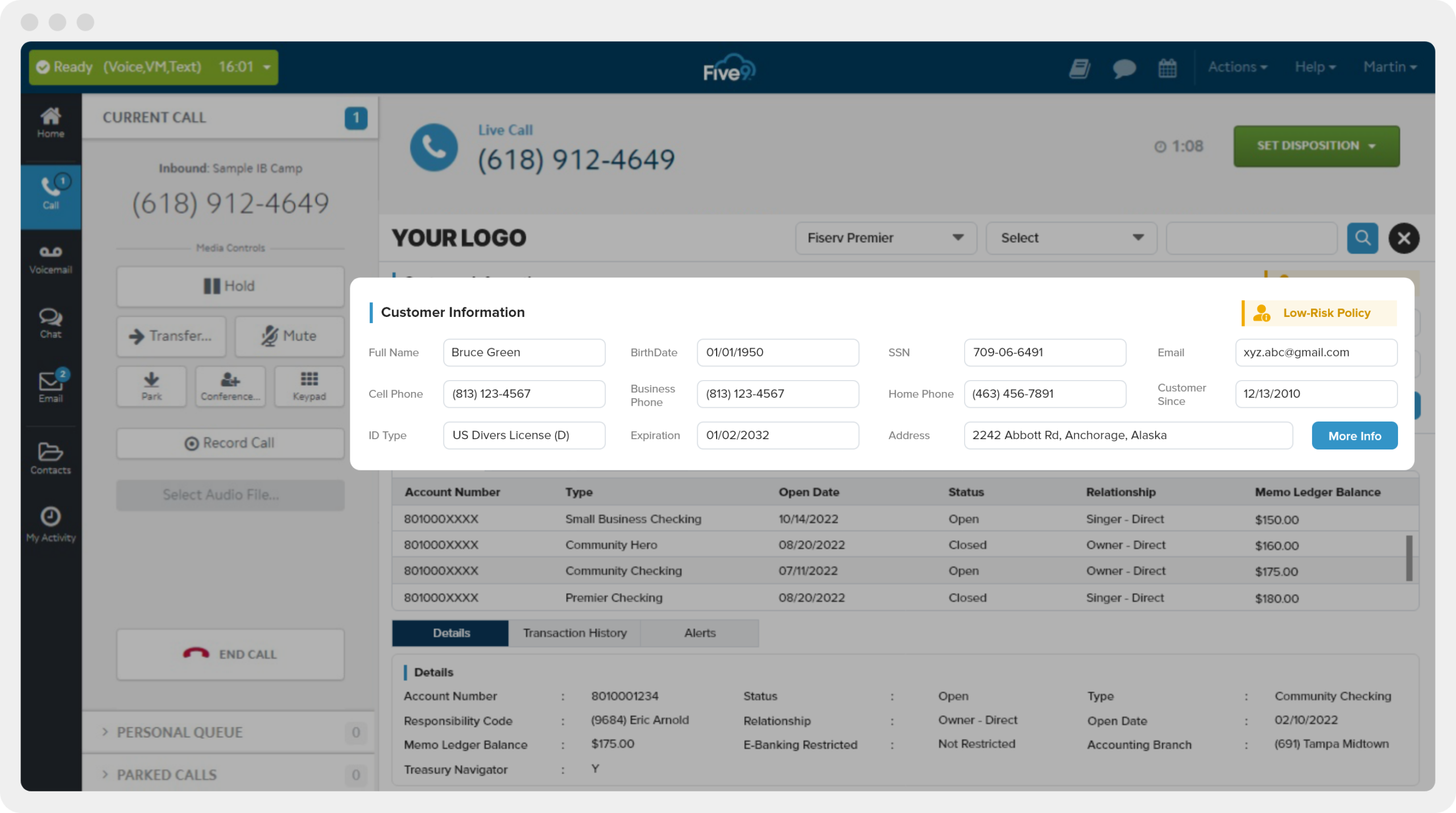 Five9 contact center agent desktop showing a customer information pop-up with banking account details, transaction history, and a live inbound call in progress.