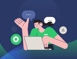 Customer support agent using a laptop with chat and system icons.