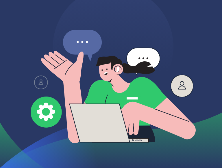 Customer support agent using a laptop with chat and system icons.