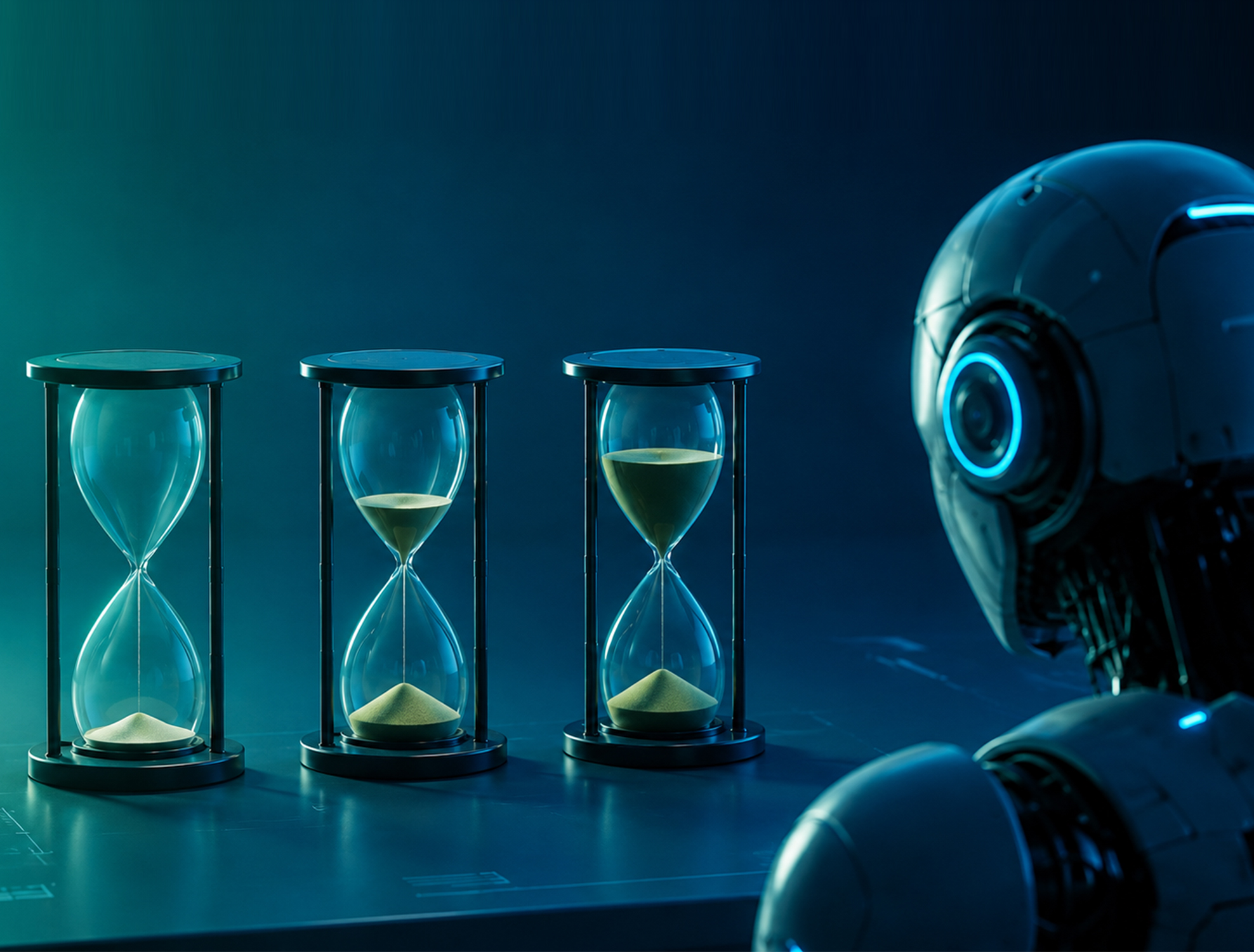 Abstract illustration of AI technology and hour glasses representing EU AI Act healthcare deadlines.