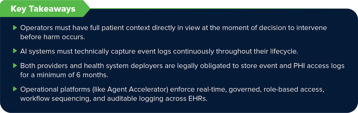 Summary box listing EU AI Act human oversight mandates, continuous logging rules, and operational workspace requirements.