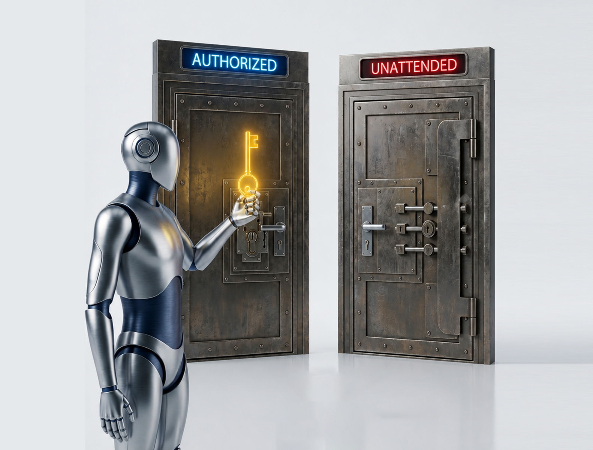 Futuristic robot holding a glowing key between two heavy metallic doors, representing identity authorization versus execution control.