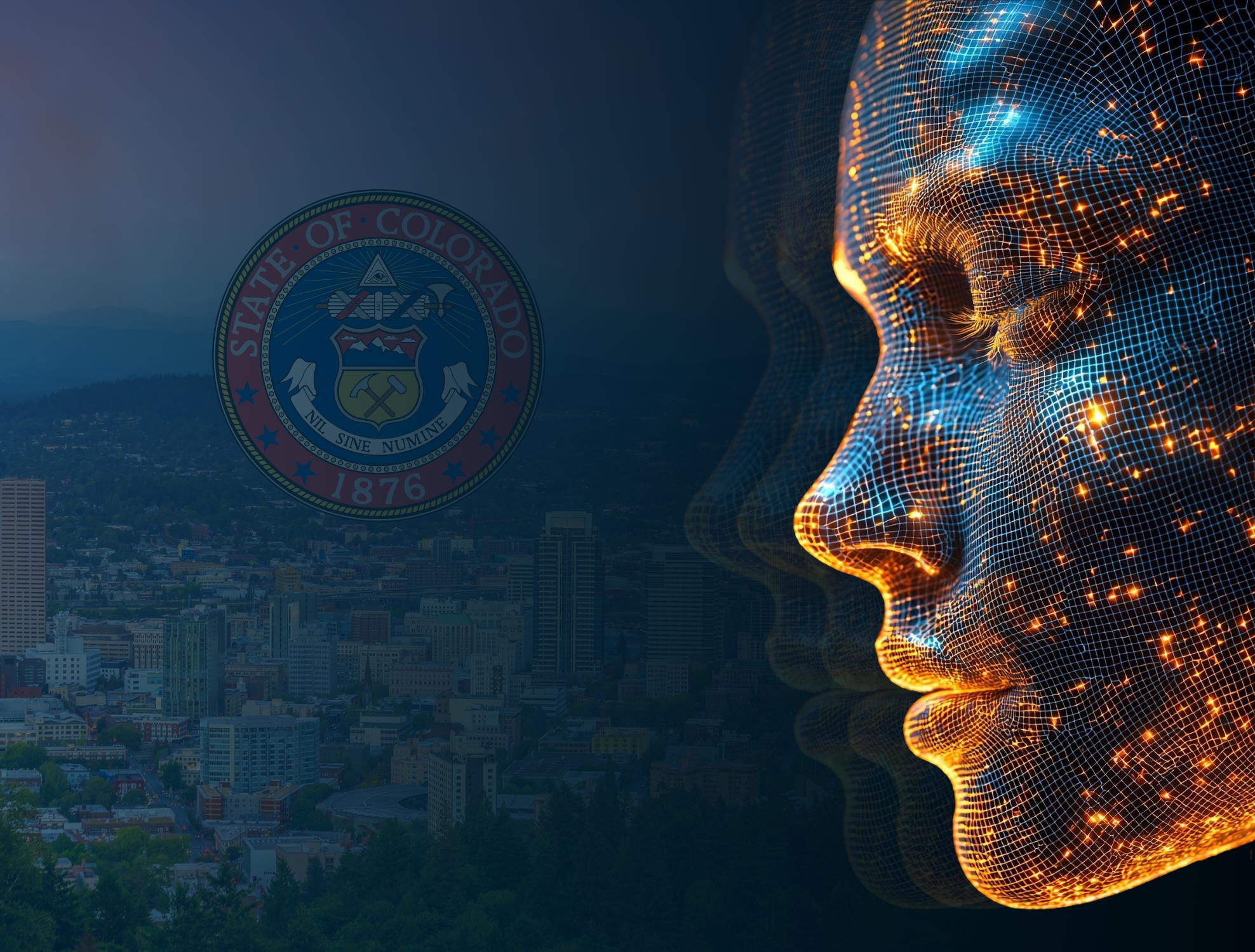 Blog featured image showing a digital face graphic and the Colorado state seal.