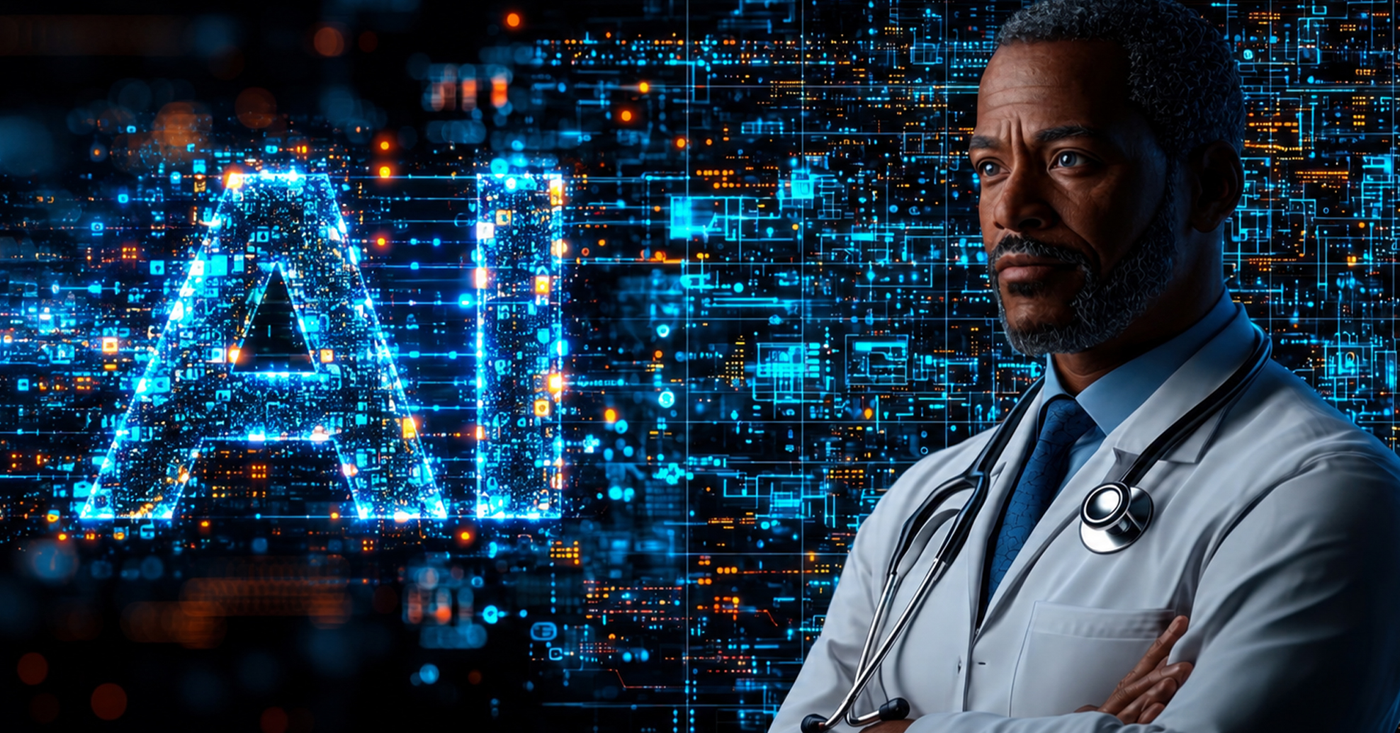 Medical professional with glowing blue AI digital background.