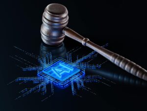 Conceptual featured image showing a wooden judge's gavel striking a blue digital circuit board, representing bank regulatory oversight and AI governance compliance.