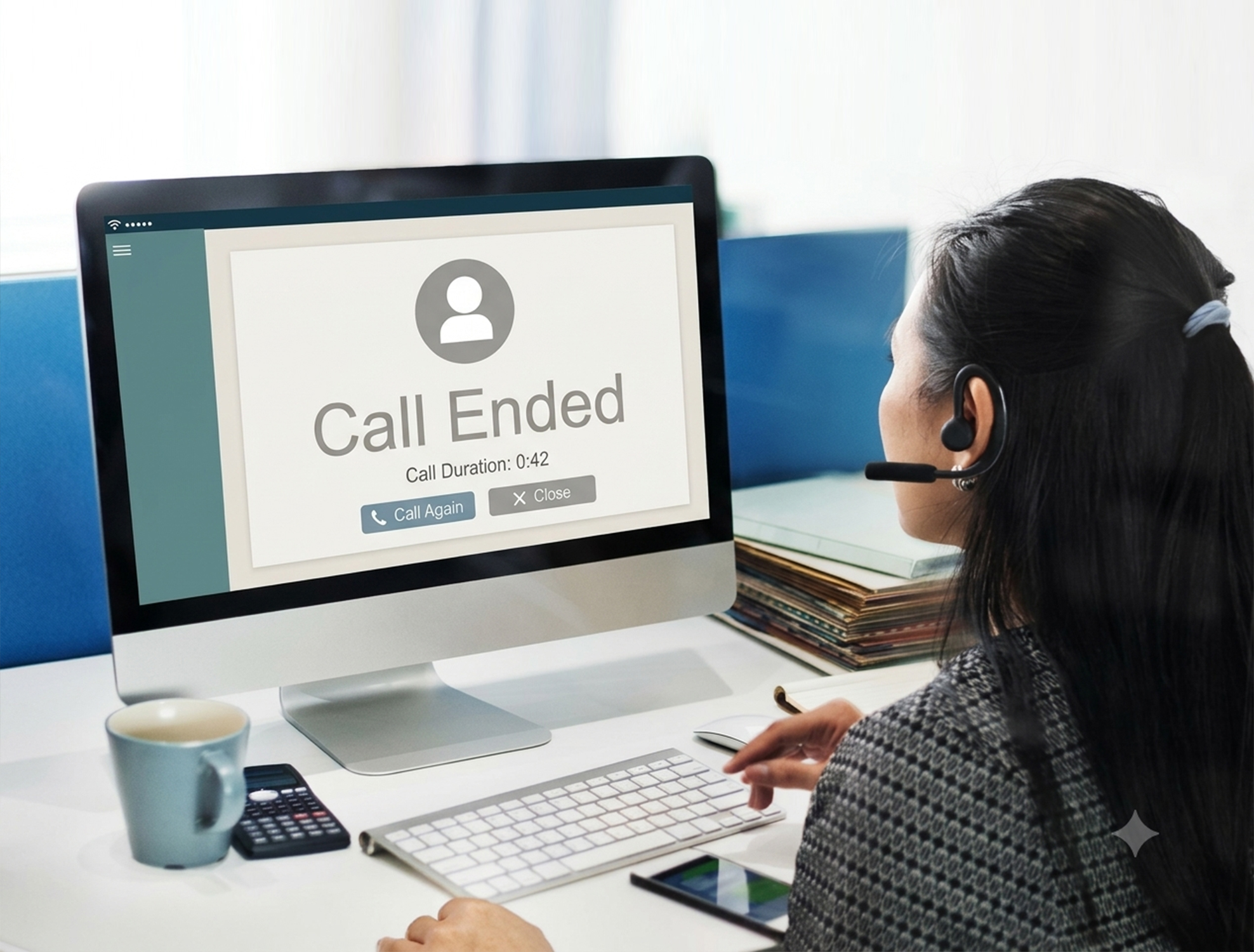 Contact center agent seated at a desk with a dual-monitor setup showing customer workflow software.