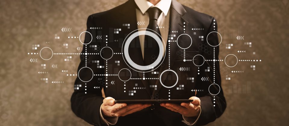 Connected,Circles,Chart,With,Businessman,Holding,A,Tablet,Computer,On